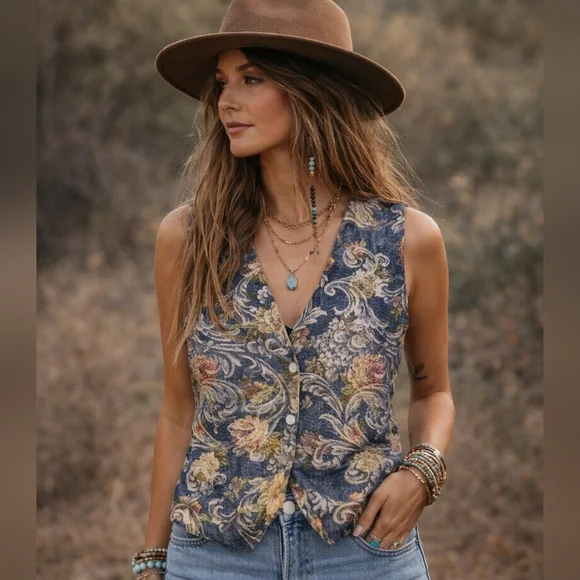 Orvis Vintage Floral Tapestry Vest Size XL EUC Made In The USA P2P 23 In - Picture 1 of 7